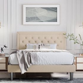 Queen Adjustable Height Platform Bed Frame with Upholstered Headboard (Color: Beige)