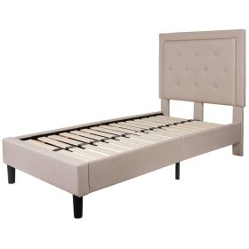 Twin Fabric Upholstered Platform Bed with Button Tufted Headboard (Color: Beige)