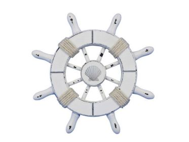 Rustic White Decorative Ship Wheel With Seashell (size: 6'''')