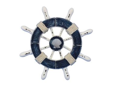 Rustic Dark Blue and White Decorative Ship Wheel With Seashell (size: 6'''')