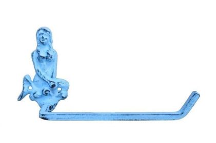 Dark Blue Whitewashed Cast Iron Mermaid Toilet Paper Holder (size: 10'''')