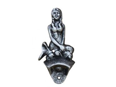 Antique Silver Cast Iron Wall Mounted Bottle Opener 6"" (Design: Mermaid)