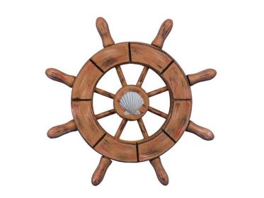 Rustic Wood Finish Decorative Ship Wheel With Seashell (size: 6'''')