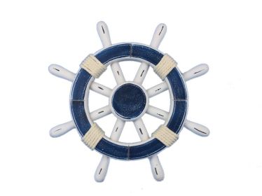 Rustic Dark Blue and White Decorative Ship Wheel (size: 12'''')