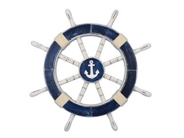 Rustic Dark Blue Decorative Ship Wheel with Anchor (size: 18'''')