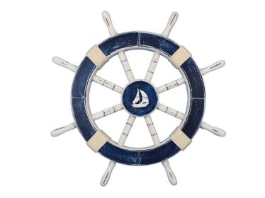 Rustic Dark Blue Decorative Ship Wheel with Sailboat (size: 18'''')
