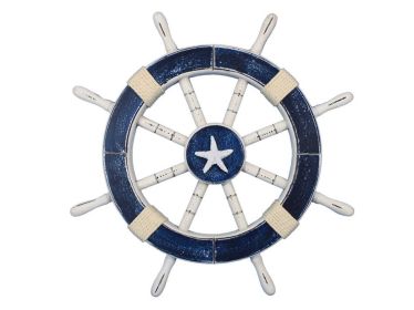 Rustic Dark Blue Decorative Ship Wheel with Starfish (size: 18'''')