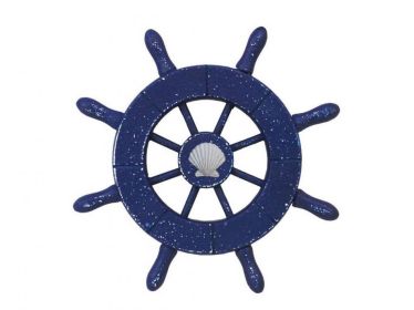 Rustic Dark Blue Decorative Ship Wheel With Seashell (size: 6'''')