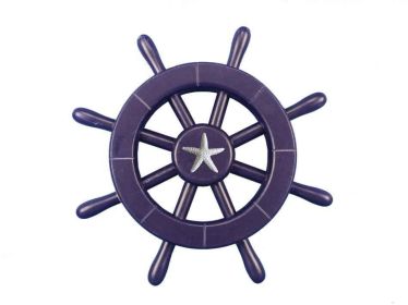 Dark Blue Decorative Ship Wheel With Starfish (size: 12'''')