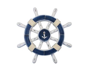 Rustic Dark Blue And White Decorative Ship Wheel With Anchor (size: 12'''')