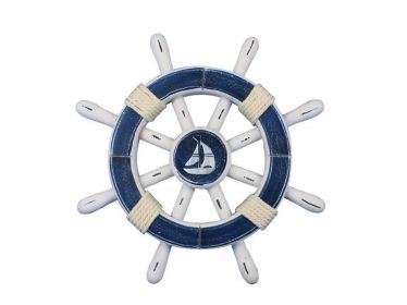 Rustic Dark Blue And White Decorative Ship Wheel With Sailboat (size: 12'''')