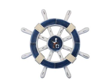 Rustic Dark Blue And White Decorative Ship Wheel With Seagull (size: 12'''')