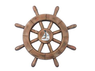 Rustic Wood Finish Decorative Ship Wheel With Sailboat (size: 12'''')