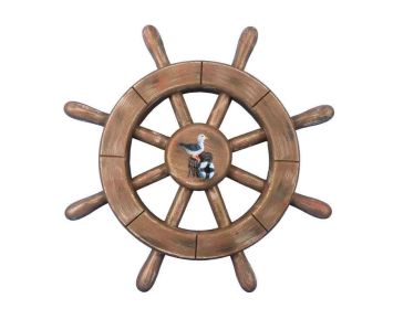 Rustic Wood Finish Decorative Ship Wheel With Seagull (size: 12'''')