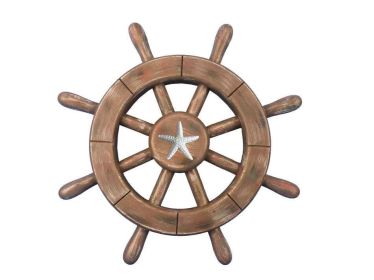 Rustic Wood Finish Decorative Ship Wheel With Starfish (size: 12'''')