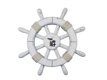 Rustic White Decorative Ship Wheel With Seagull (size: 12'''')