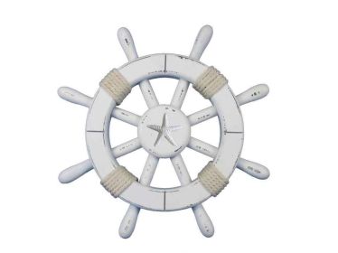 Rustic White Decorative Ship Wheel With Starfish (size: 12'''')